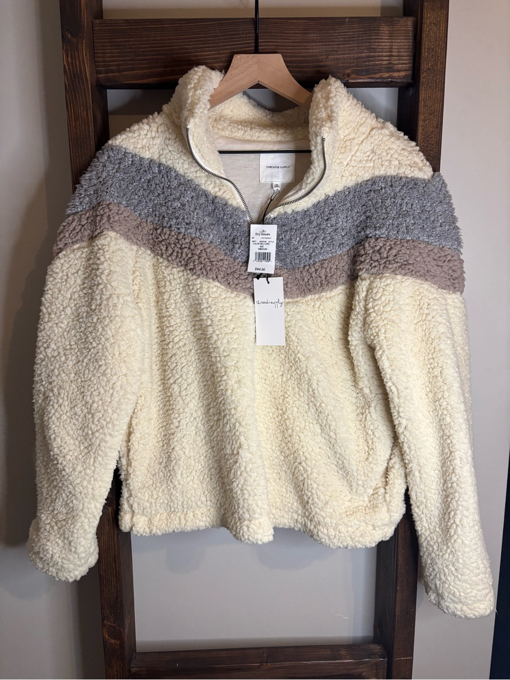Thread & Supply Cream Sherpa Pullover with Gray and Taupe Stripes